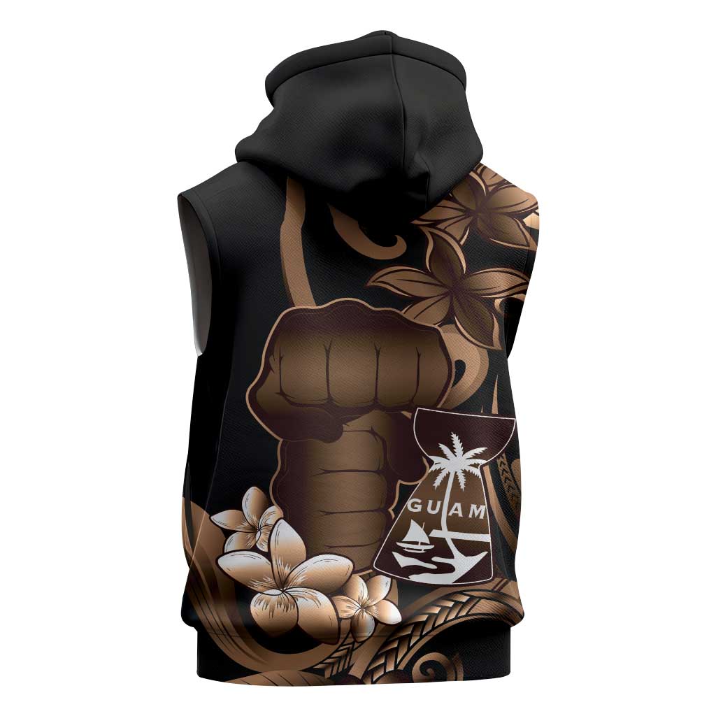 Brown Hafa Adai Guam Sleeveless Hoodie Chamorro Latte Stone Hand With Plumeria - Polynesian Pride