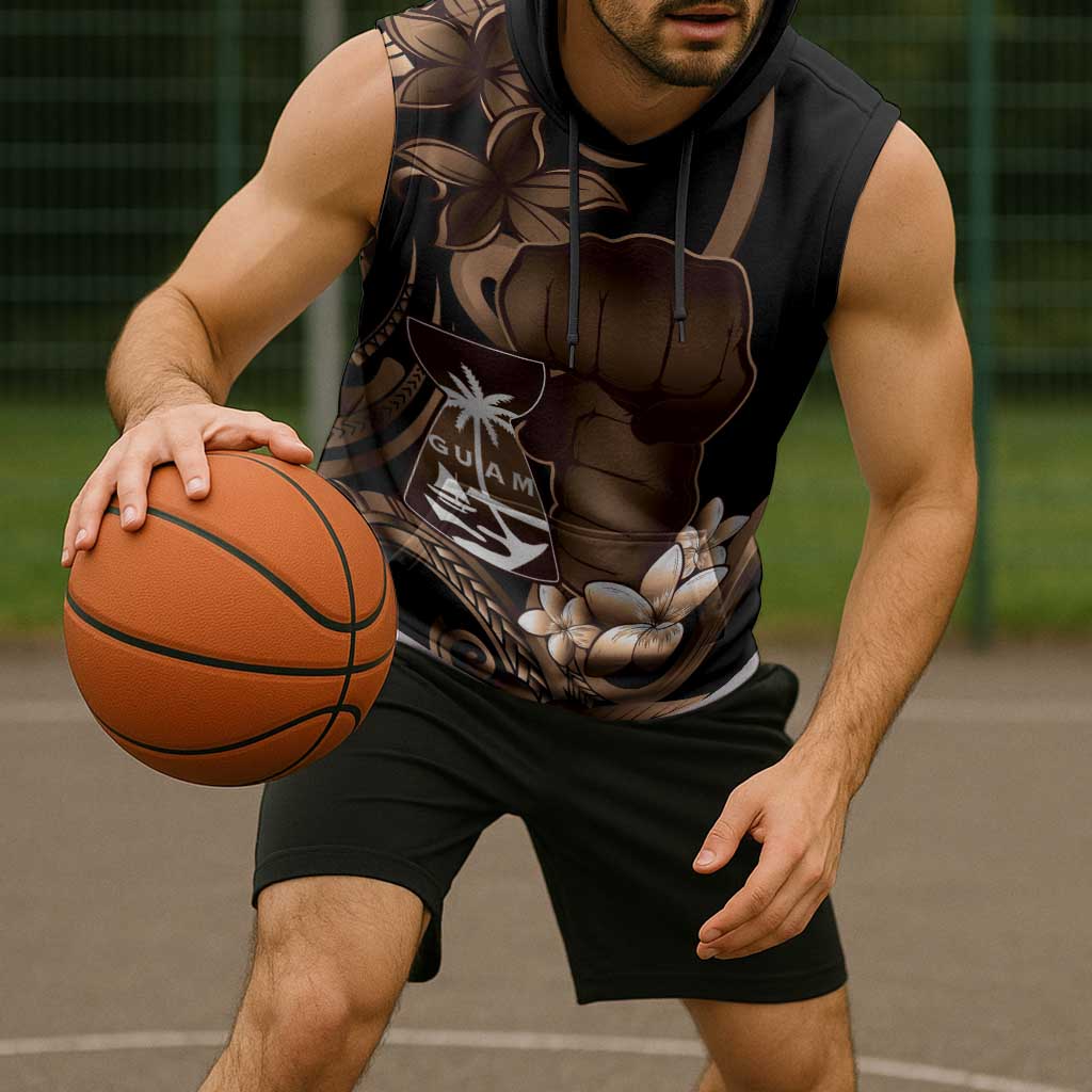 Brown Hafa Adai Guam Sleeveless Hoodie Chamorro Latte Stone Hand With Plumeria - Polynesian Pride