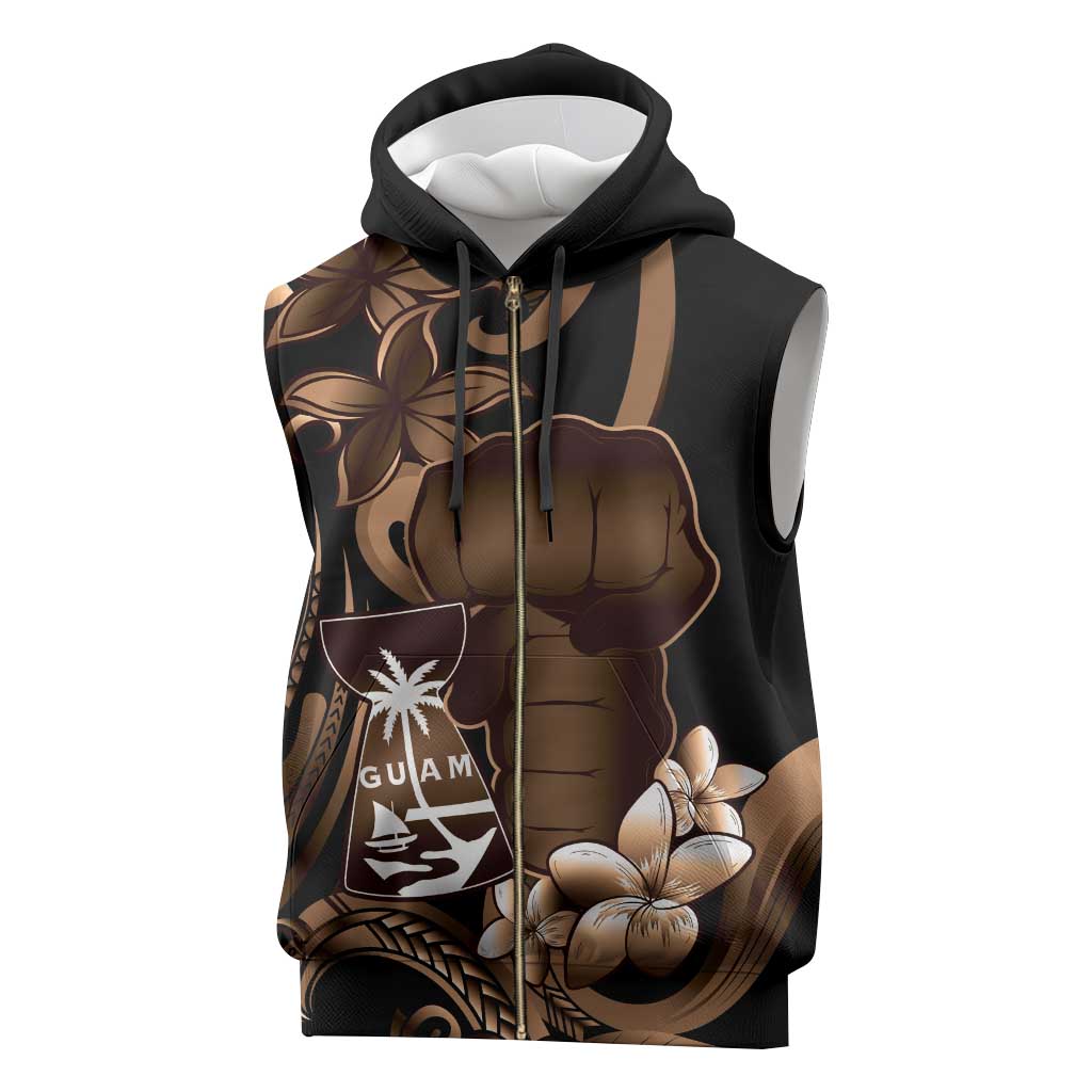 Brown Hafa Adai Guam Sleeveless Zip Hoodie Chamorro Latte Stone Hand With Plumeria - Polynesian Pride