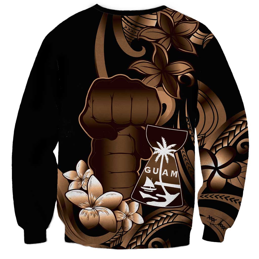 Brown Hafa Adai Guam Sweatshirt Chamorro Latte Stone Hand With Plumeria