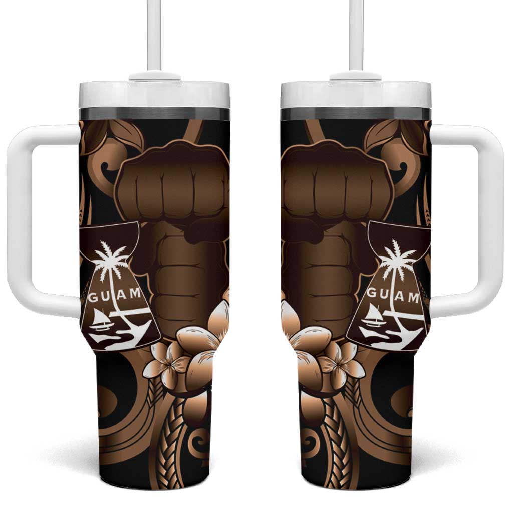 Brown Hafa Adai Guam Tumbler With Handle Chamorro Latte Stone Hand With Plumeria