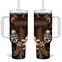 Brown Hafa Adai Guam Tumbler With Handle Chamorro Latte Stone Hand With Plumeria