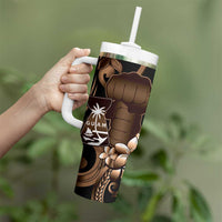Brown Hafa Adai Guam Tumbler With Handle Chamorro Latte Stone Hand With Plumeria