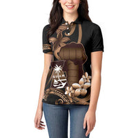 Brown Hafa Adai Guam Women Polo Shirt Chamorro Latte Stone Hand With Plumeria