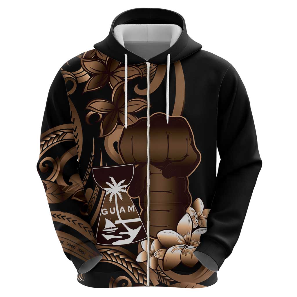 Brown Hafa Adai Guam Zip Hoodie Chamorro Latte Stone Hand With Plumeria