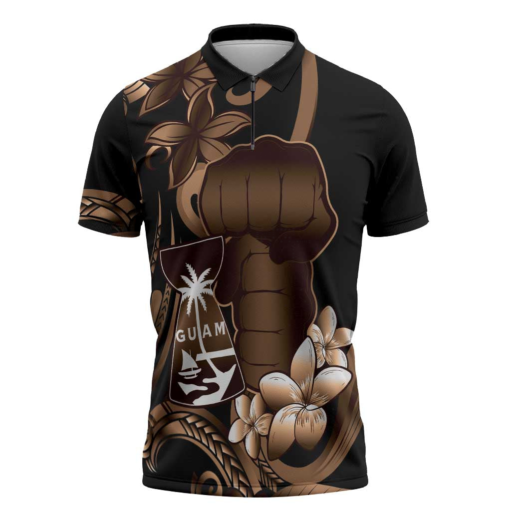Brown Hafa Adai Guam Zipper Polo Shirt Chamorro Latte Stone Hand With Plumeria - Polynesian Pride