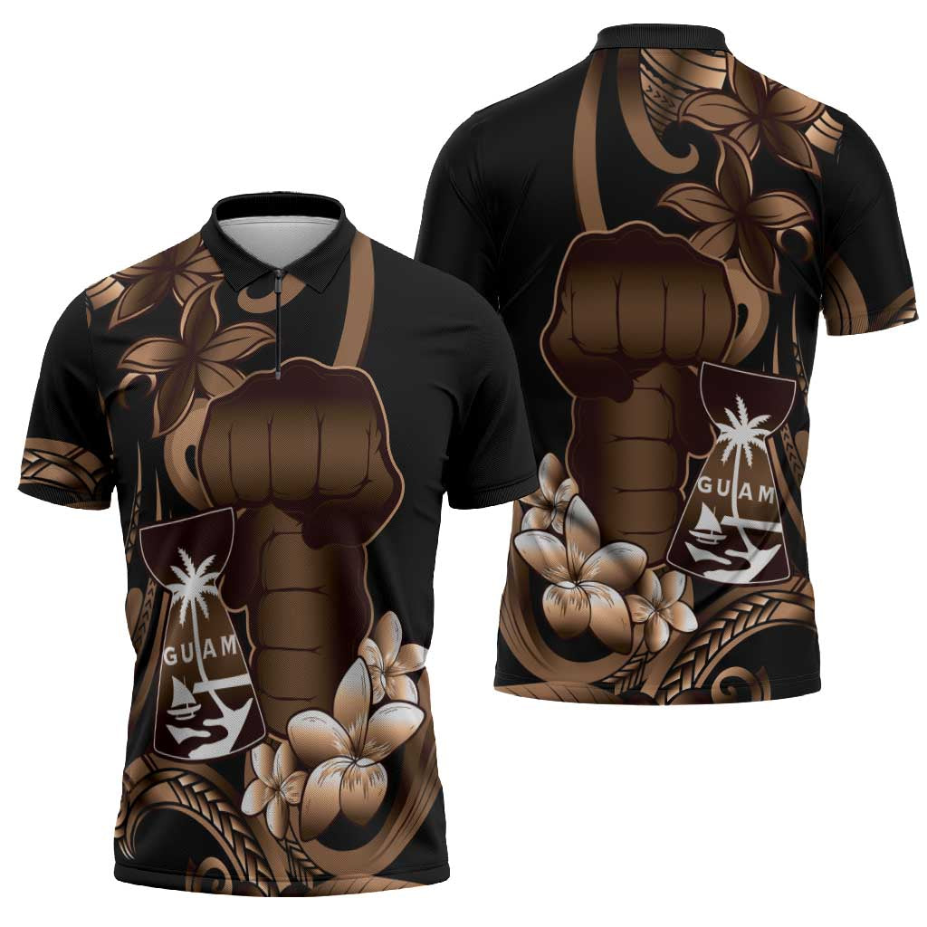 Brown Hafa Adai Guam Zipper Polo Shirt Chamorro Latte Stone Hand With Plumeria - Polynesian Pride
