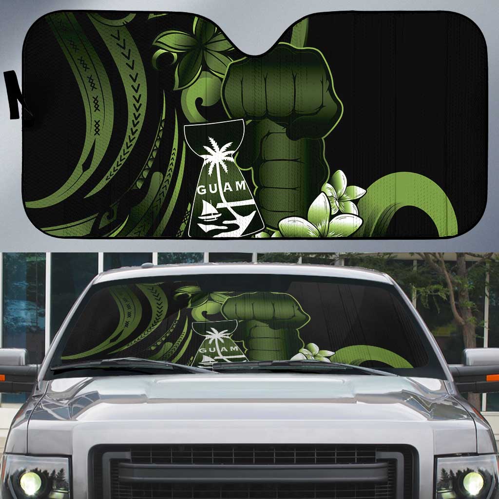 Green Hafa Adai Guam Auto Sun Shade Chamorro Latte Stone Hand With Plumeria - Polynesian Pride