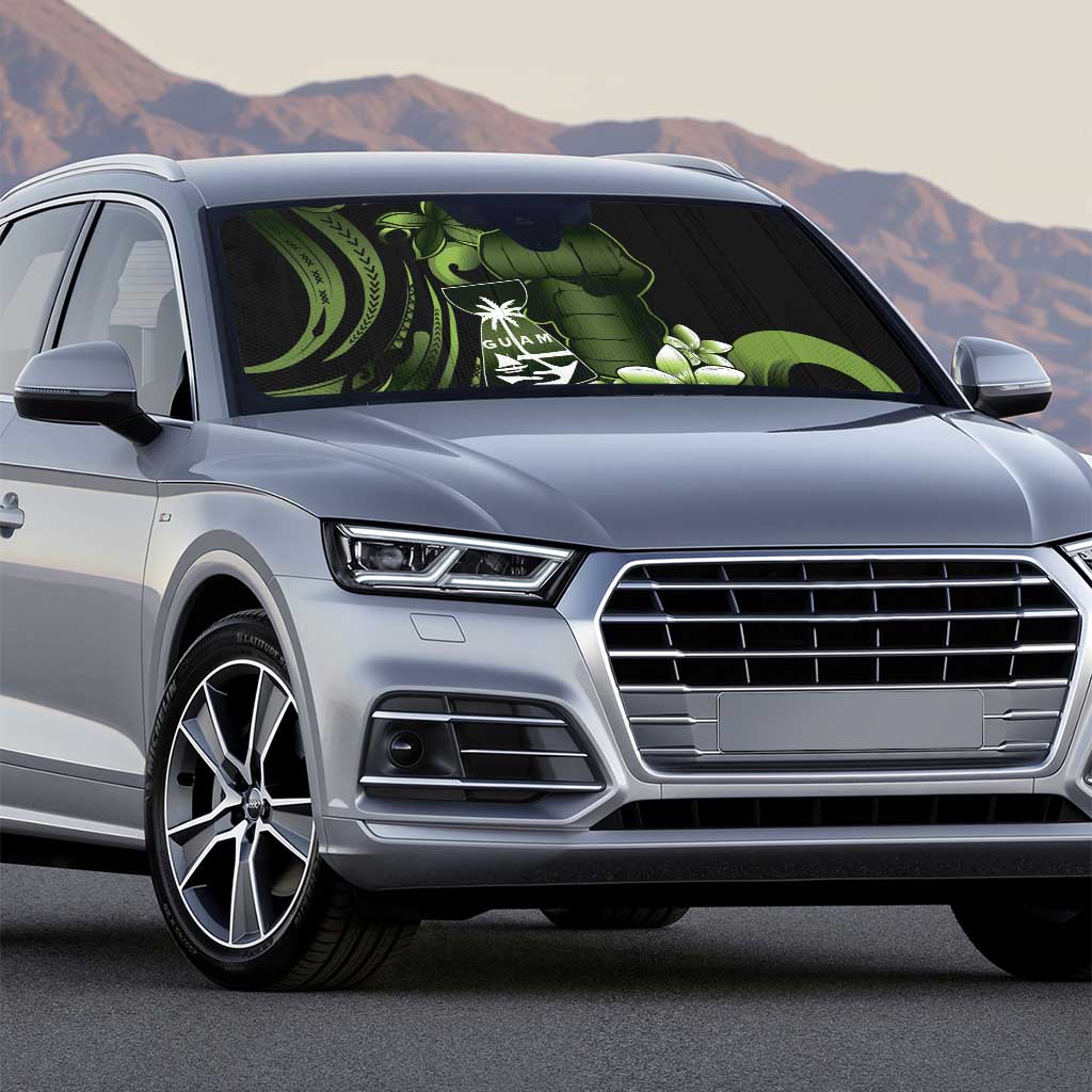 Green Hafa Adai Guam Auto Sun Shade Chamorro Latte Stone Hand With Plumeria - Polynesian Pride