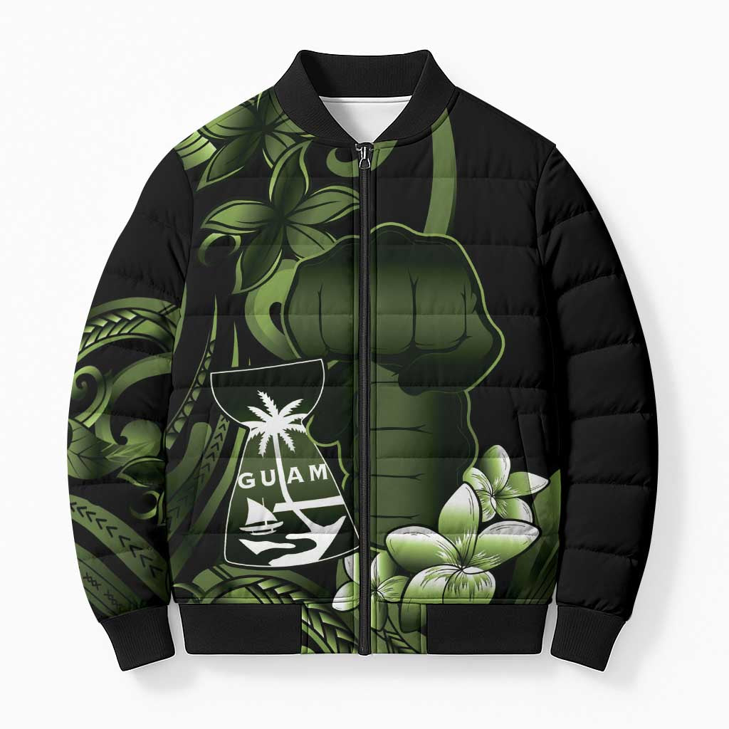 Green Hafa Adai Guam Bomber Puffer Jacket Chamorro Latte Stone Hand With Plumeria - Polynesian Pride