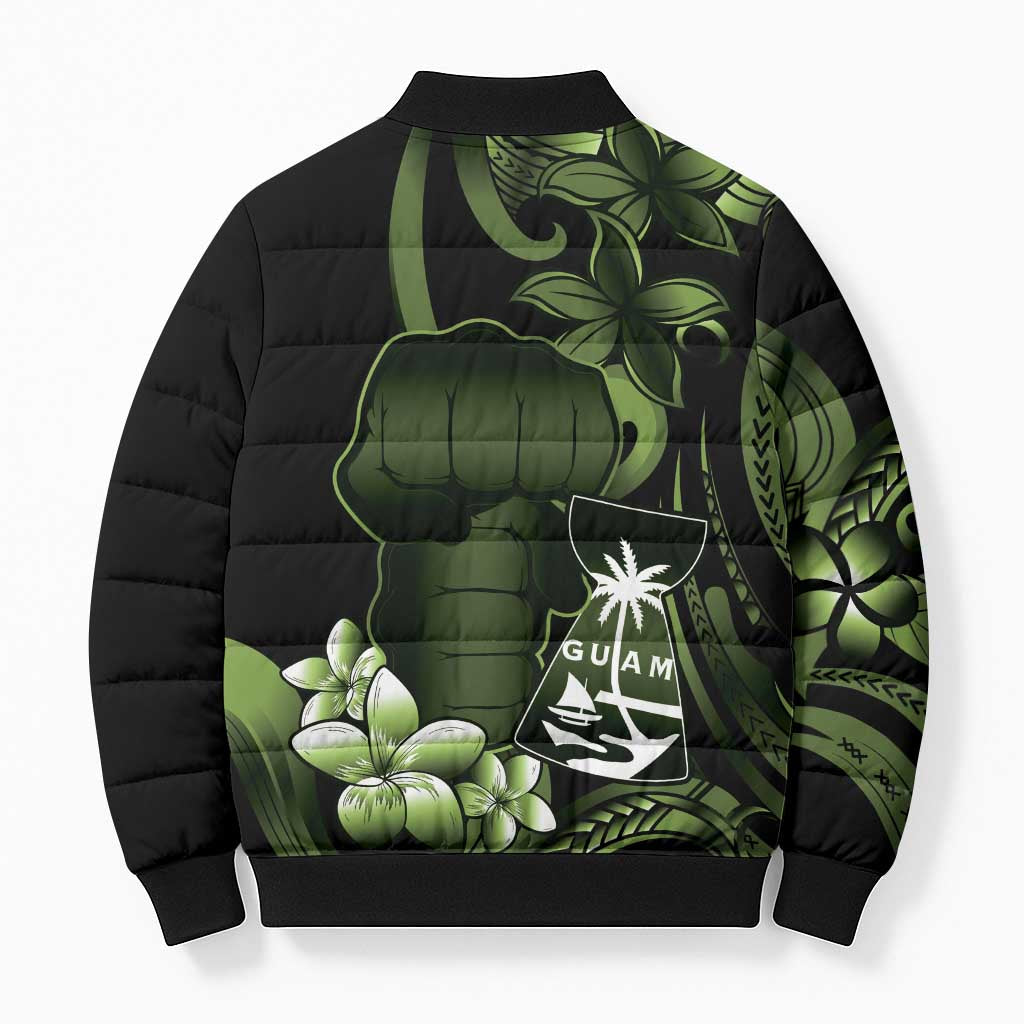 Green Hafa Adai Guam Bomber Puffer Jacket Chamorro Latte Stone Hand With Plumeria - Polynesian Pride