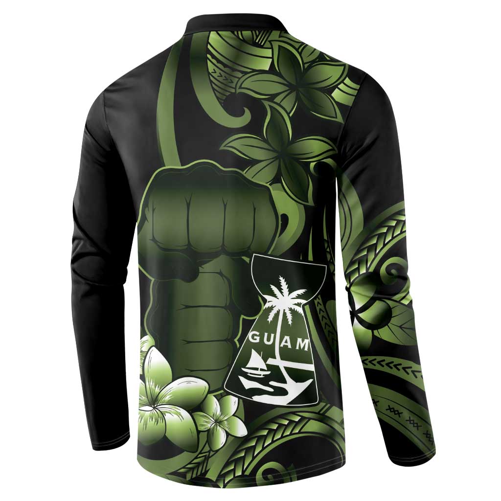 Green Hafa Adai Guam Button Sweatshirt Chamorro Latte Stone Hand With Plumeria