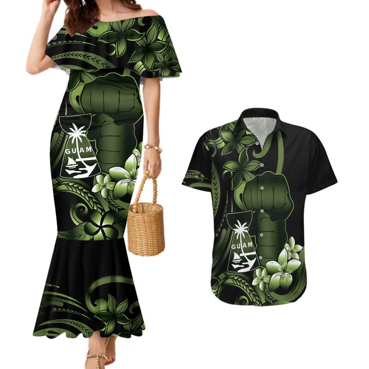 Green Hafa Adai Guam Couples Matching Mermaid Dress and Hawaiian Shirt Chamorro Latte Stone Hand With Plumeria