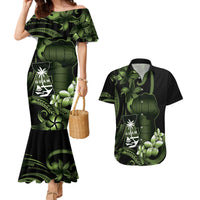 Green Hafa Adai Guam Couples Matching Mermaid Dress and Hawaiian Shirt Chamorro Latte Stone Hand With Plumeria