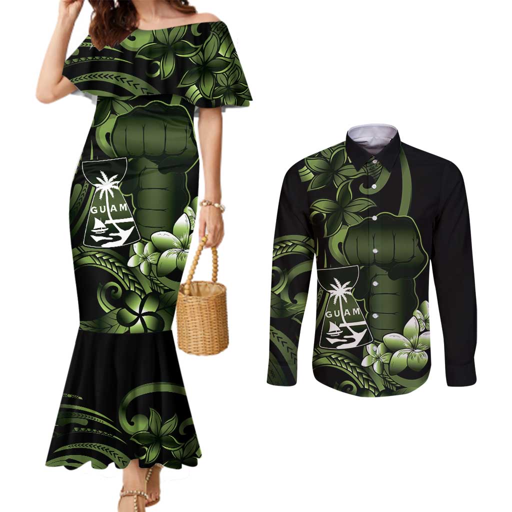 Green Hafa Adai Guam Couples Matching Mermaid Dress and Long Sleeve Button Shirt Chamorro Latte Stone Hand With Plumeria