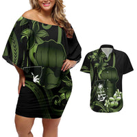 Green Hafa Adai Guam Couples Matching Off Shoulder Short Dress and Hawaiian Shirt Chamorro Latte Stone Hand With Plumeria