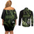 Green Hafa Adai Guam Couples Matching Off Shoulder Short Dress and Long Sleeve Button Shirt Chamorro Latte Stone Hand With Plumeria