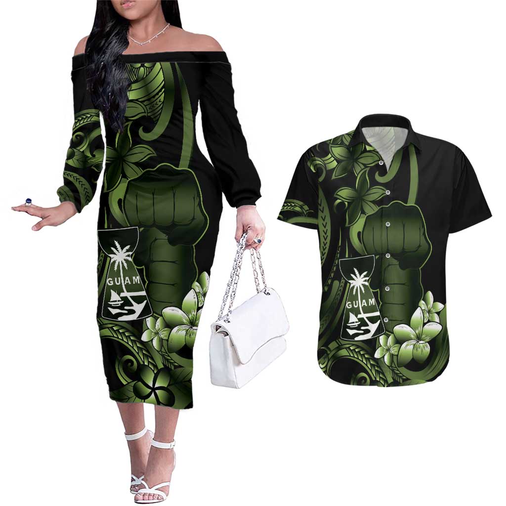 Green Hafa Adai Guam Couples Matching Off The Shoulder Long Sleeve Dress and Hawaiian Shirt Chamorro Latte Stone Hand With Plumeria