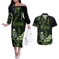 Green Hafa Adai Guam Couples Matching Off The Shoulder Long Sleeve Dress and Hawaiian Shirt Chamorro Latte Stone Hand With Plumeria