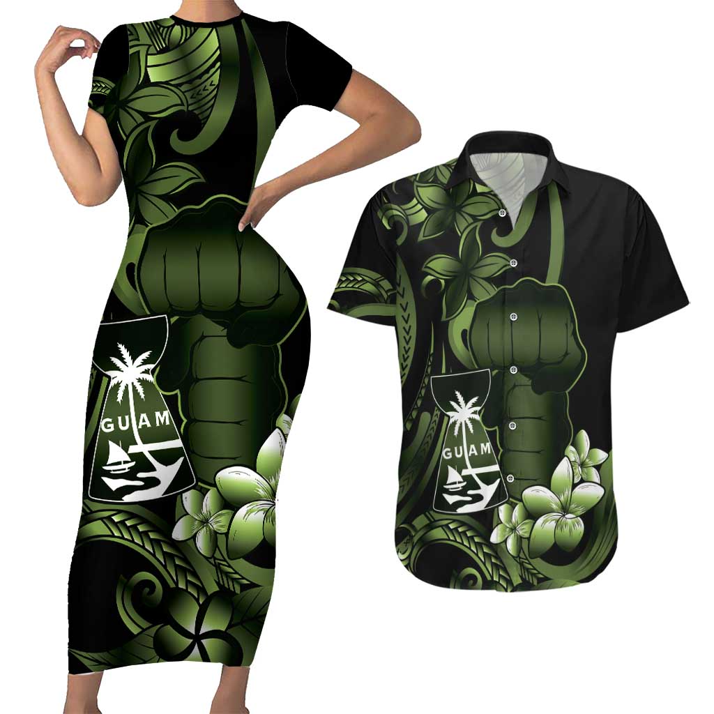 Green Hafa Adai Guam Couples Matching Short Sleeve Bodycon Dress and Hawaiian Shirt Chamorro Latte Stone Hand With Plumeria