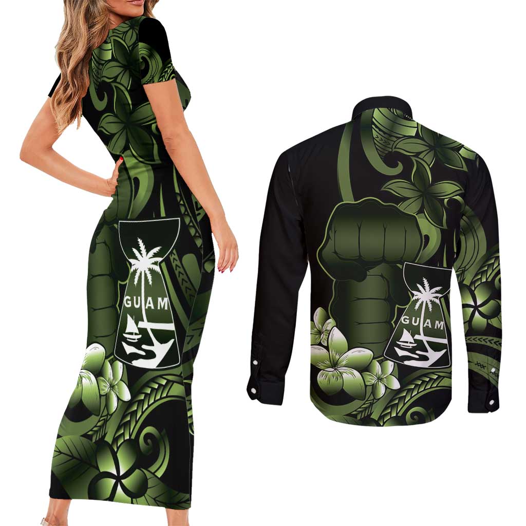 Green Hafa Adai Guam Couples Matching Short Sleeve Bodycon Dress and Long Sleeve Button Shirt Chamorro Latte Stone Hand With Plumeria