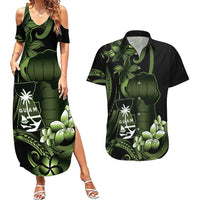 Green Hafa Adai Guam Couples Matching Summer Maxi Dress and Hawaiian Shirt Chamorro Latte Stone Hand With Plumeria
