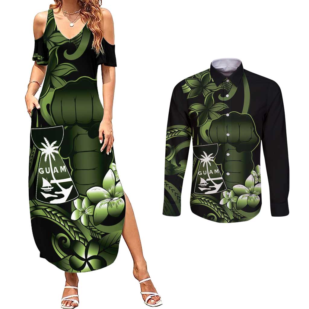 Green Hafa Adai Guam Couples Matching Summer Maxi Dress and Long Sleeve Button Shirt Chamorro Latte Stone Hand With Plumeria