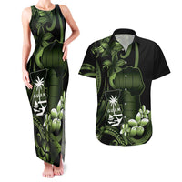Green Hafa Adai Guam Couples Matching Tank Maxi Dress and Hawaiian Shirt Chamorro Latte Stone Hand With Plumeria