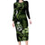 Green Hafa Adai Guam Family Matching Long Sleeve Bodycon Dress and Hawaiian Shirt Chamorro Latte Stone Hand With Plumeria