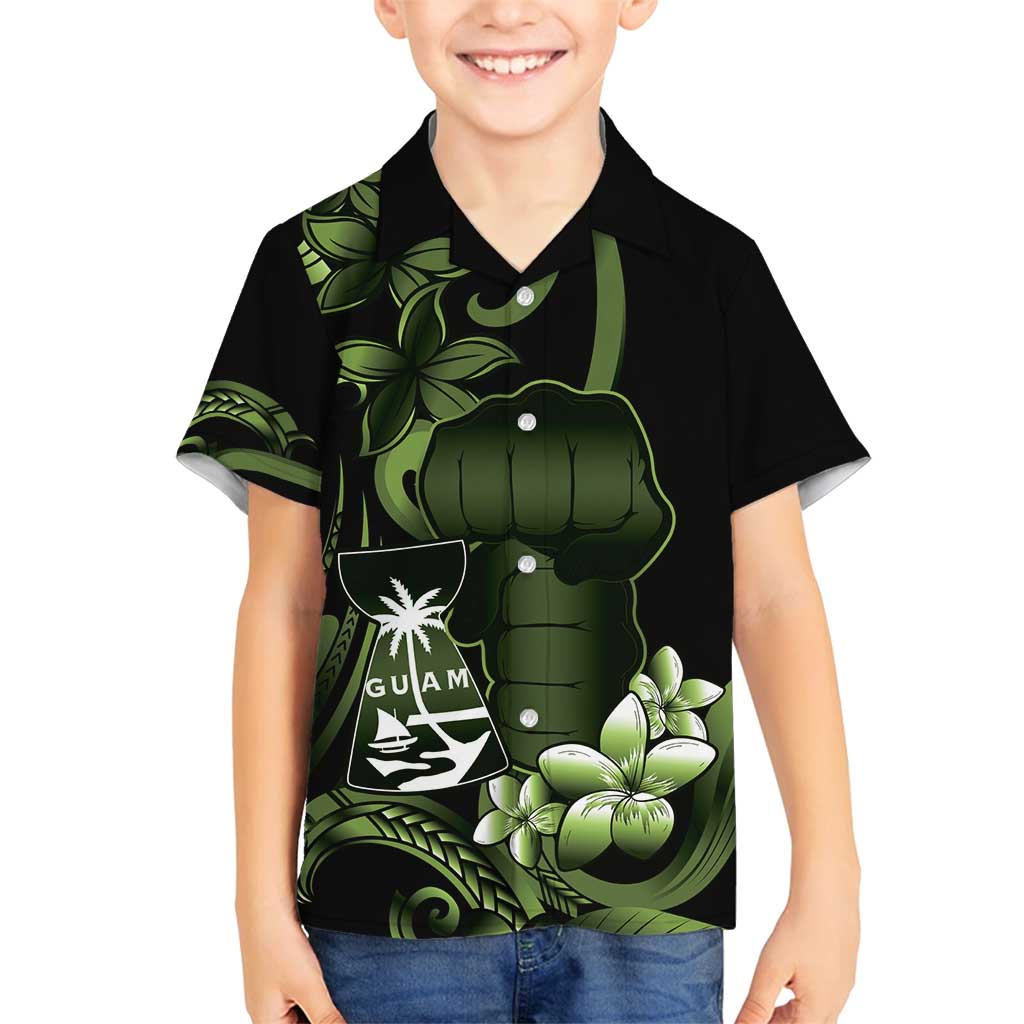 Green Hafa Adai Guam Family Matching Long Sleeve Bodycon Dress and Hawaiian Shirt Chamorro Latte Stone Hand With Plumeria