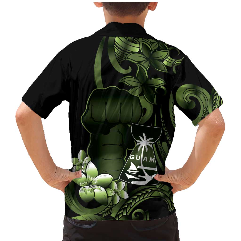 Green Hafa Adai Guam Family Matching Mermaid Dress and Hawaiian Shirt Chamorro Latte Stone Hand With Plumeria