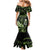 Green Hafa Adai Guam Family Matching Mermaid Dress and Hawaiian Shirt Chamorro Latte Stone Hand With Plumeria