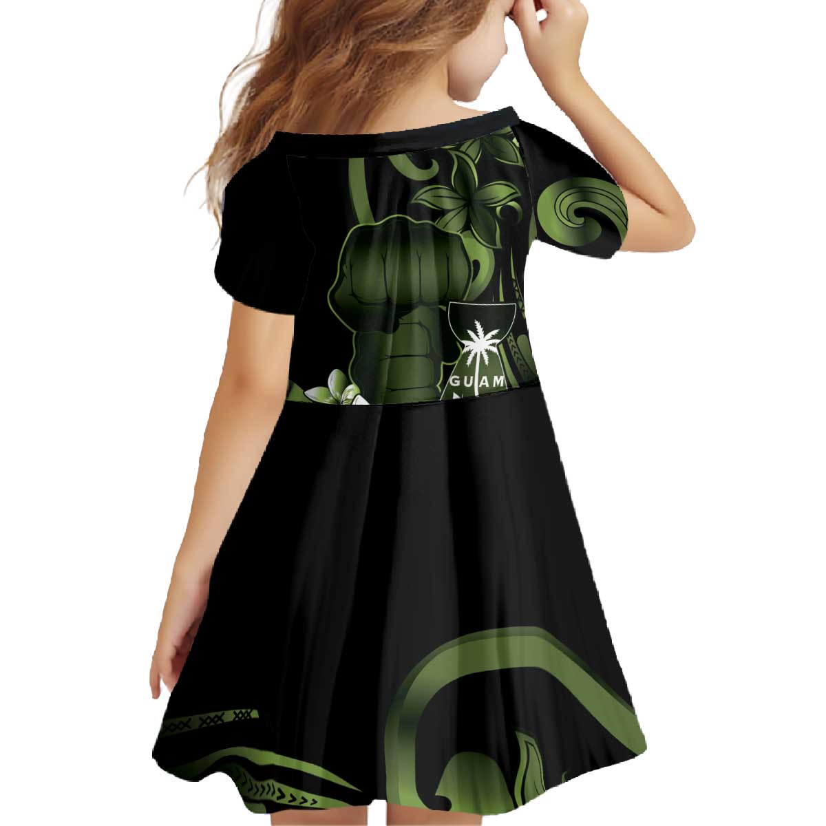 Green Hafa Adai Guam Family Matching Off The Shoulder Long Sleeve Dress and Hawaiian Shirt Chamorro Latte Stone Hand With Plumeria