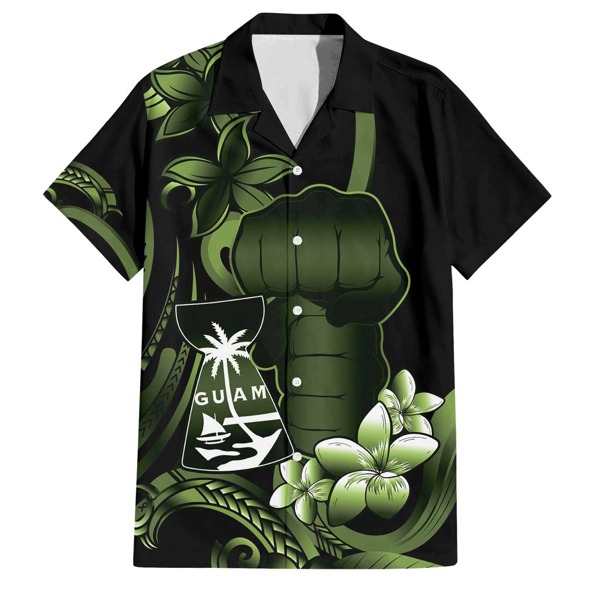 Green Hafa Adai Guam Family Matching Off The Shoulder Long Sleeve Dress and Hawaiian Shirt Chamorro Latte Stone Hand With Plumeria