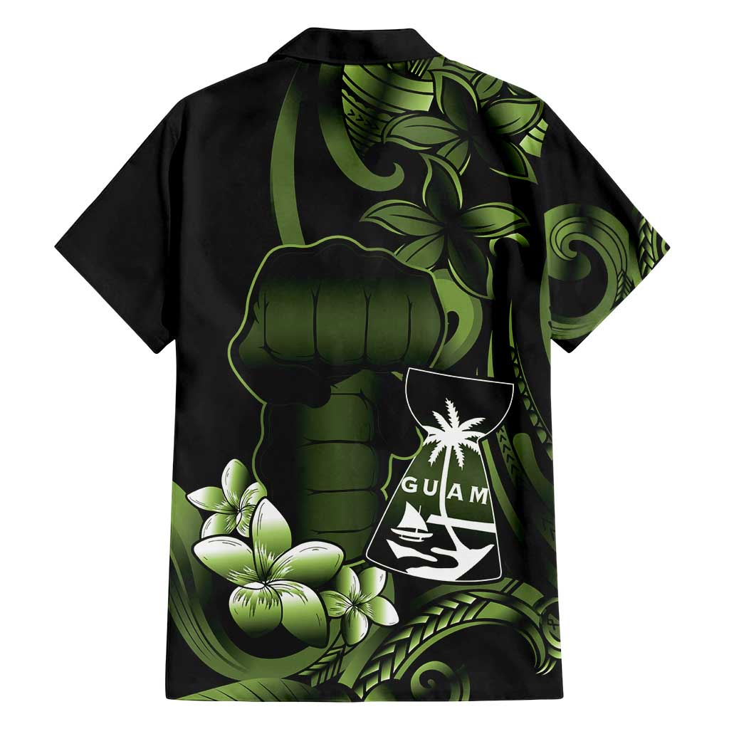 Green Hafa Adai Guam Family Matching Off Shoulder Short Dress and Hawaiian Shirt Chamorro Latte Stone Hand With Plumeria