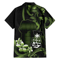 Green Hafa Adai Guam Family Matching Off Shoulder Short Dress and Hawaiian Shirt Chamorro Latte Stone Hand With Plumeria