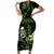 Green Hafa Adai Guam Family Matching Short Sleeve Bodycon Dress and Hawaiian Shirt Chamorro Latte Stone Hand With Plumeria