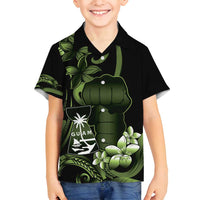 Green Hafa Adai Guam Family Matching Tank Maxi Dress and Hawaiian Shirt Chamorro Latte Stone Hand With Plumeria