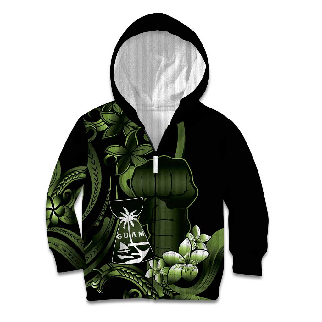 Green Hafa Adai Guam Kid Hoodie Chamorro Latte Stone Hand With Plumeria