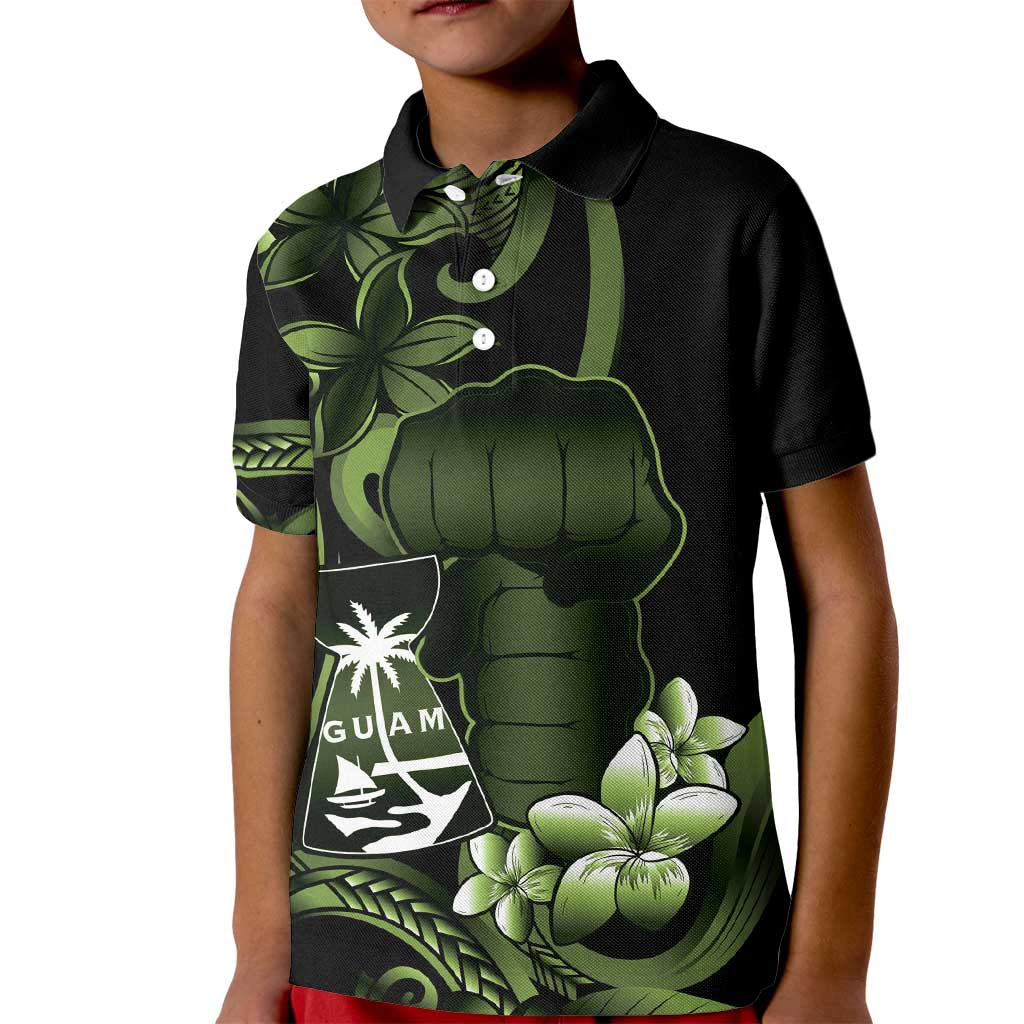 Green Hafa Adai Guam Kid Polo Shirt Chamorro Latte Stone Hand With Plumeria