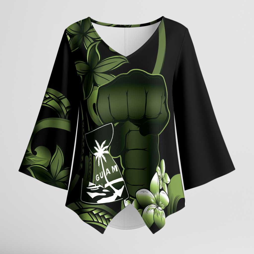 Green Hafa Adai Guam Kimono Sleeve Blouse Chamorro Latte Stone Hand With Plumeria - Polynesian Pride