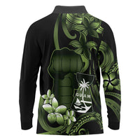 Green Hafa Adai Guam Long Sleeve Polo Shirt Chamorro Latte Stone Hand With Plumeria