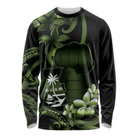 Green Hafa Adai Guam Long Sleeve Shirt Chamorro Latte Stone Hand With Plumeria