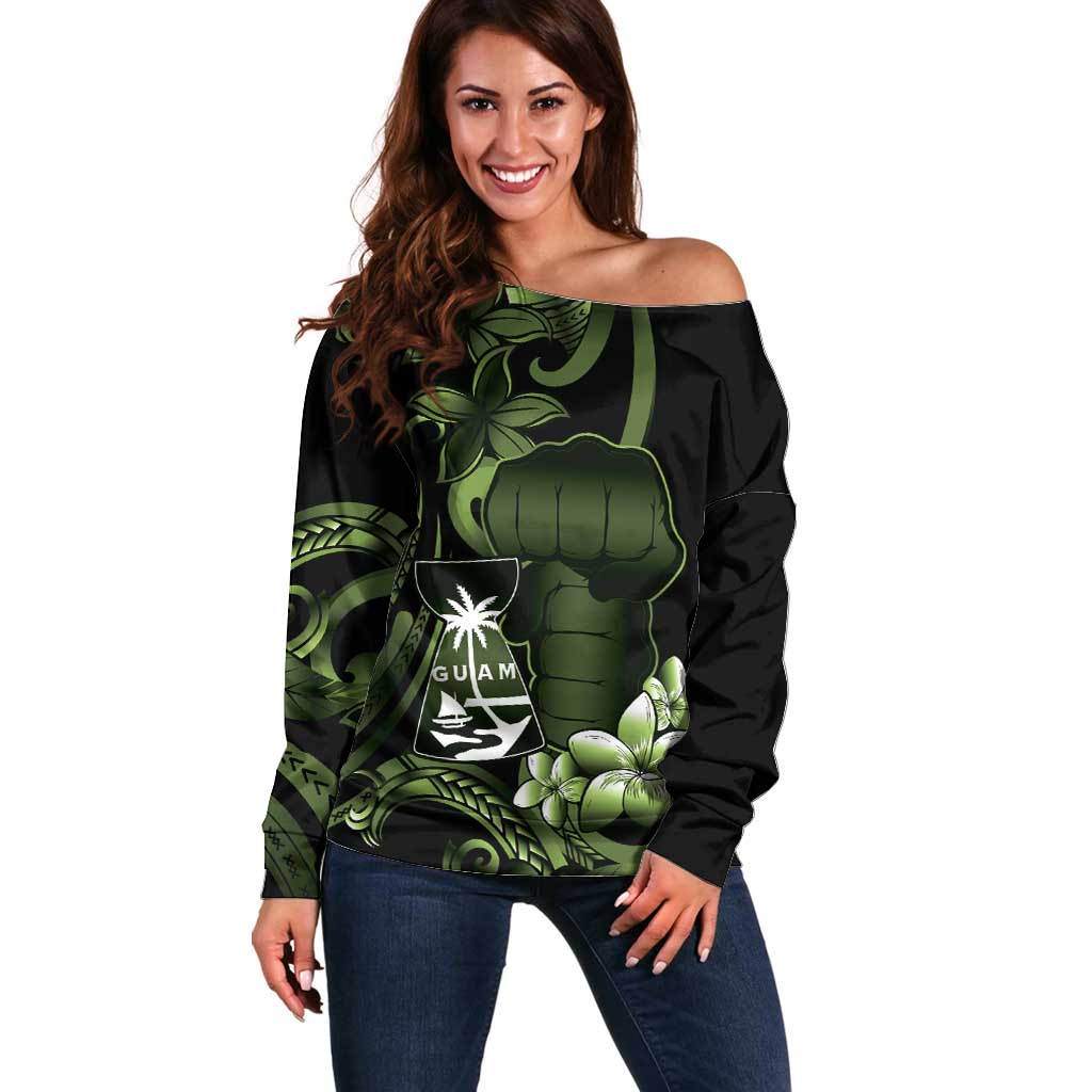 Green Hafa Adai Guam Off Shoulder Sweater Chamorro Latte Stone Hand With Plumeria