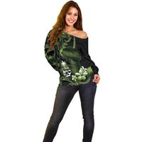 Green Hafa Adai Guam Off Shoulder Sweater Chamorro Latte Stone Hand With Plumeria
