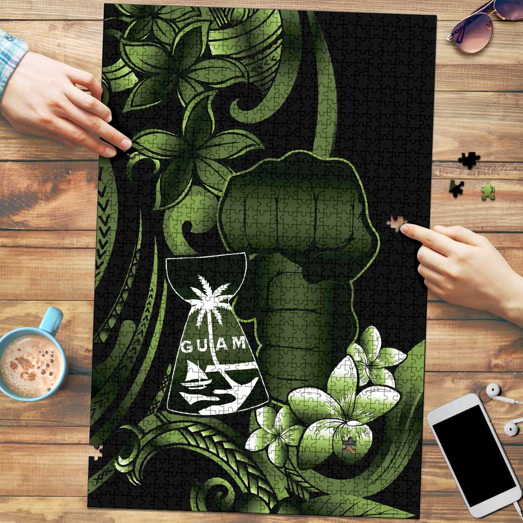 Green Hafa Adai Guam Puzzle Chamorro Latte Stone Hand With Plumeria - Polynesian Pride