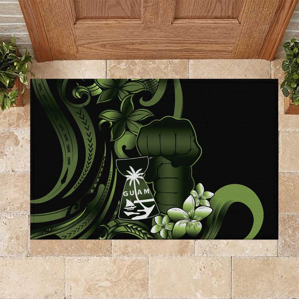 Green Hafa Adai Guam Rubber Doormat Chamorro Latte Stone Hand With Plumeria