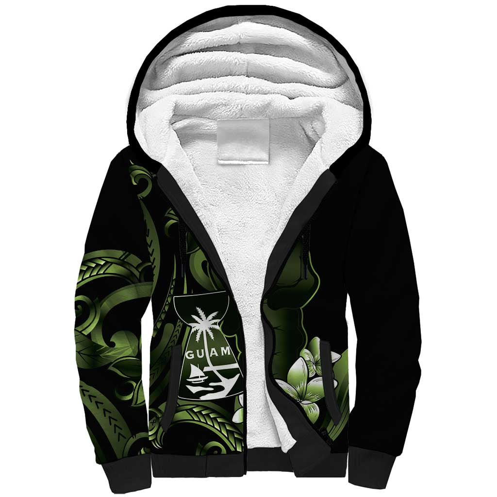 Green Hafa Adai Guam Sherpa Hoodie Chamorro Latte Stone Hand With Plumeria