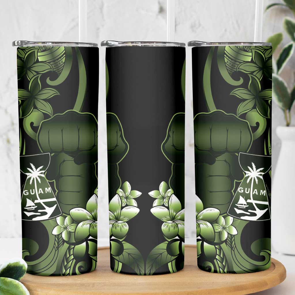 Green Hafa Adai Guam Skinny Tumbler Chamorro Latte Stone Hand With Plumeria