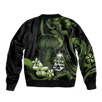 Green Hafa Adai Guam Sleeve Zip Bomber Jacket Chamorro Latte Stone Hand With Plumeria